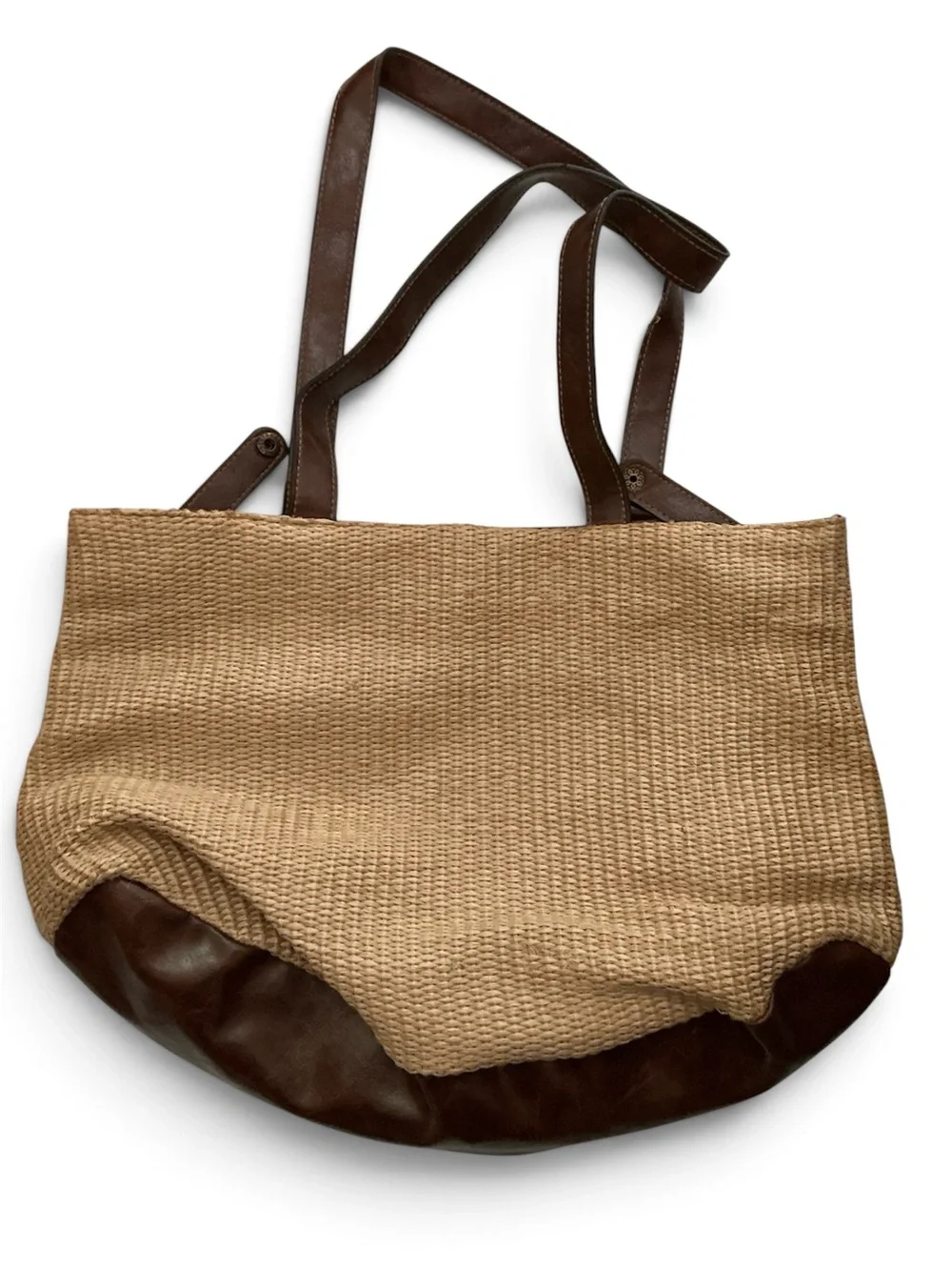 Woven Straw Tote Bag with Brown Leather Trim